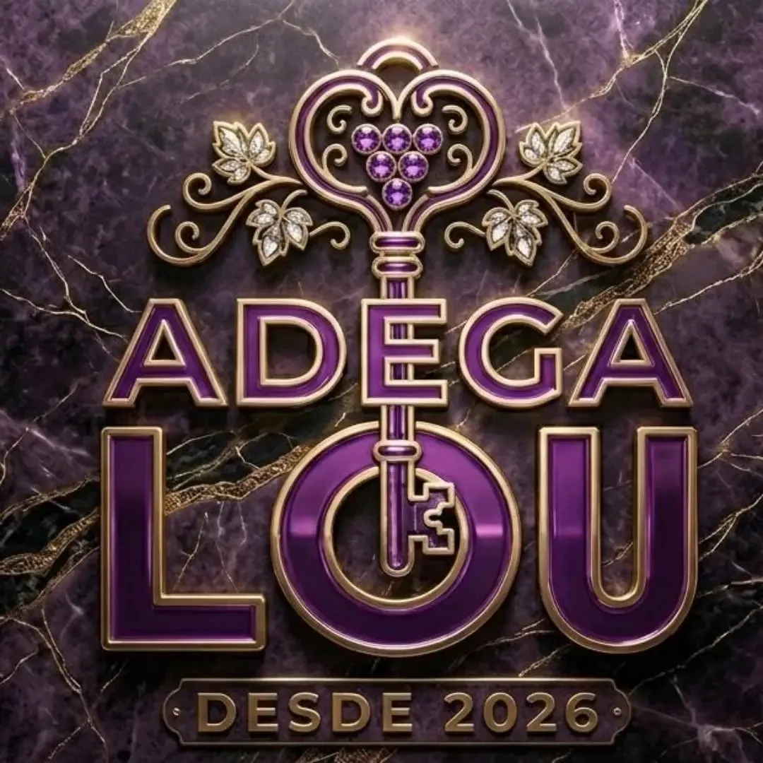 Logo da Adega da Lou: chave dourada com cacho de uva sobre mármore roxo, desde 2026